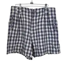 Rafaella Women Sz 14 White Blue Plaid Linen Blend Pleated High Rise Shorts VTG