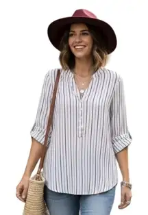 Timing Shirt Womens Medium White Black Striped Split Neck Roll Tab Sleeve Tunic