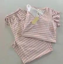 NEW Women’s Size Small Striped Pink Pajamas Set Short Sleeve Top Pants Pockets