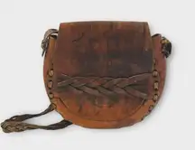 Vintage Boho Coastal Cowgirl Leather Hand Tooled Saddle Bag With Braided Strap