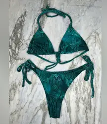 Teal Green Snakeskin Print Braided Strap Cheeky String Bikini Size Small