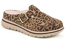 Cliffs by White Mountain Homey Leopard Print Buckle Detail Faux Fur Lined Mules