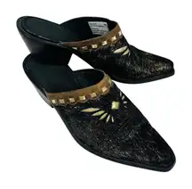 Sonora Hair On Hide Western Mules Sz 6 Black Gold Leather Cowgirl‎ Heels Boho