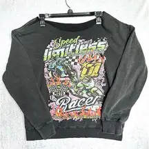 Speed Racer Burning Up the Streets NYC Cutout Neck Acid Wash Black Sweatshirt