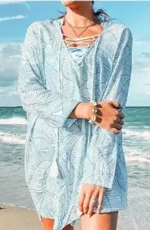 Charlie Holiday Blue White Leaf Print Lace Up Tunic Cover Up Dress XS