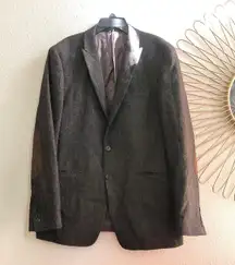Calvin Klein Wool Silk Tweed Herringbone Blazer  Brown Elbow Patch Sport Coat Jacket Slim Fit #Tailored #Business #Casual #Professional #office #corporate #formal #classic Measurement in pics