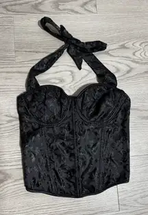 Womens Black Burnout Halter Corset Top Lace Up Back Size Small