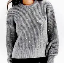 Shiny Gray Knit Crewneck Pullover Sweater - Silver Diamonds Jewels Holiday