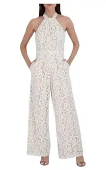 Julia Jordan Women's Lace Twist-Neck Wide Leg Jumpsuit Ivory Nude Plus Size 16