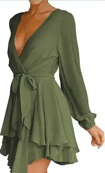 NEW Dress Deep V-Neck Waist Tie Ruffle Mini Swing Green Large