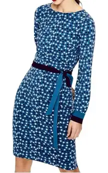 Boden Jersey Midi Dress Size 4L Blue White Stars Novelty Stretch Modest Church