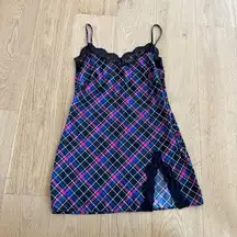 Current Mood Hit A Nerve Plaid Mini Slip Dress in Black, Pink & Blue