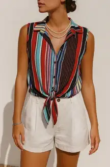 Perseption Womens Blue Striped Sleeveless Collared‎ VNeck Button Top sz L Beachy