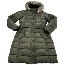Lucky Brand Coat Womens Small Green Puffer Hooded Belted Faux Fur Trim