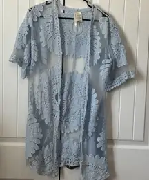 Forgotten Grace Blue Cardigan 2X Crochet Lace Bohemian Duster Jacket Sheer