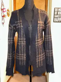 Mystree black and brown plaid open sweater cardigan uneven hemline size S grunge