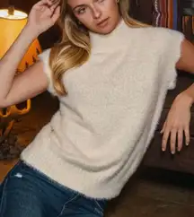 ODDI Ivory Cream Fuzzy Mock Neck Sweater Soft Cozy Knit Top Size Small