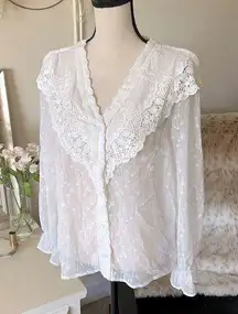 Eri + ali Anthro v neck button down cottage prairie floral embroidery blouse S