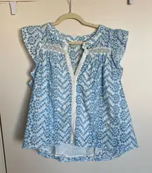 Floral Eyelet Embroidered Button-Up Blouse - Light Blue & White Sleeve