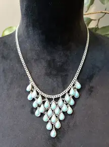 Women Silver Tone Teardrop Bazel-set Blue Bubble Beads Crochet Link Bib Necklace