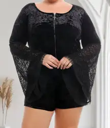Plus Size Cosmic Aura Witchy Goth Bat Sleeve Black Velvet Gothic Short Romper 26
