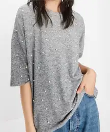 Zara Gray Pearl Embellished Knit Sweater Top Women’s Size S Minimalist Chic