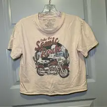 Fifth Sun Tan Motorcycle “Take the Scenic Route” Graphic Crop Tee size S