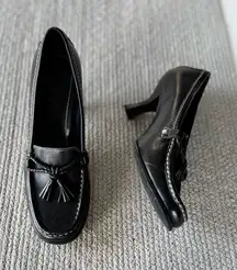 Franco Sarto Black Leather Contrast Seam Heeled Square Toe Tassel Loafer Sz 7.5