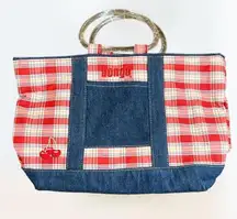 Bongo Y2k retro red, blue, and white denim plaid cherry picnic bag 🧺