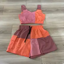 SHEIN Colorblock Crop Top Shorts Set Women Size S Orange Pink Purple