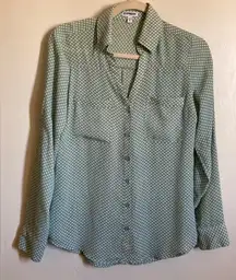 Express White Sea Foam Green Polka Dot Long Sleeve Portofino Blouse