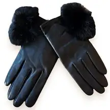 SAKS FIFTH AVENUE Glove Black Genuine Leather Cashmere Lined Rabbit Pompon Large