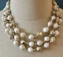 West Germany white and gold tone vintage triple strand necklace