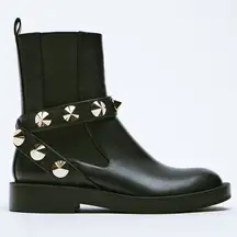 NEW ZARA STUDDED STRAP ANKLE BOOTS BLACK FAUX LEATHER WOMENS‎ SIZE US 7.5