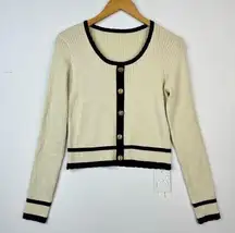 NEW Commense Retro Contrast Cardigan-Look Sweater Scoop Neck Cream Black Medium