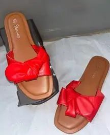 Shoeland Cherry Vibrant Red Bowknot Tied Padded Flat Dressy Sandal Shoes Sz 9