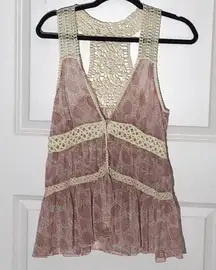 Hem & Thread Whimsical Pink Print and Crocheted Tank Top Small