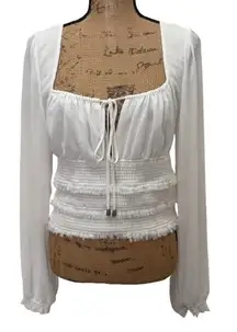 Free People Lolita Blouse White Smocked Long Sleeve‎ Square Neck Size Large