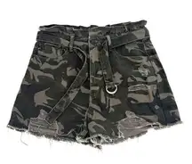 Kancan Camo Distressed Women's XL Shorts Belt Ruffle Top High Rise Tie Green
