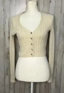 Nasty Gal Ivory Ribbed Cropped Cardigan Sweater V-Neck Button-Up Women's Small‎