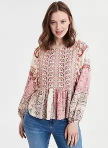 American Eagle Women Pink Long Sleeve Embroidered Blouse