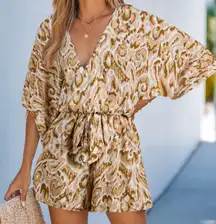 Cupshe Cream and Brown Abstract Jumpsuit with Kimono Sleeves Size XL Vacation