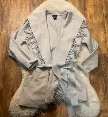 Nicole Miller Fringe Tie Waist Sweater Cardigan Size Medium Knit Cozy Light Gray
