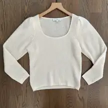 100% Cashmere Ribbed Scoop Neck Puff Sleeve Sweater Soft White XS