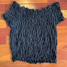 H&M Black Off Shoulder Ruched Crop Top Smocked Size 10 Cotton Off Shoulder