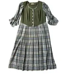 Vintage Landhaus Dirndl Long Plaid Folk Dress with silver buttons size large