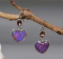 Purple Heart Shaped Retro Boho Silver Gemstone Dangle Drop Earrings Nwt