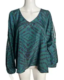 Lovers + Friends Blouse Womens Medium Green Animal‎ Print Cutout Arms Edgy Party