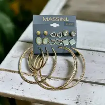 NEW Massini Earring Set Nine Pairs Gold Tone Minty Green Hoop Posts Studs