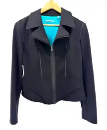 T Tahari Black Ponte Moto Jacket Exposed Zip Modern Romantic Cropped Blazer 14